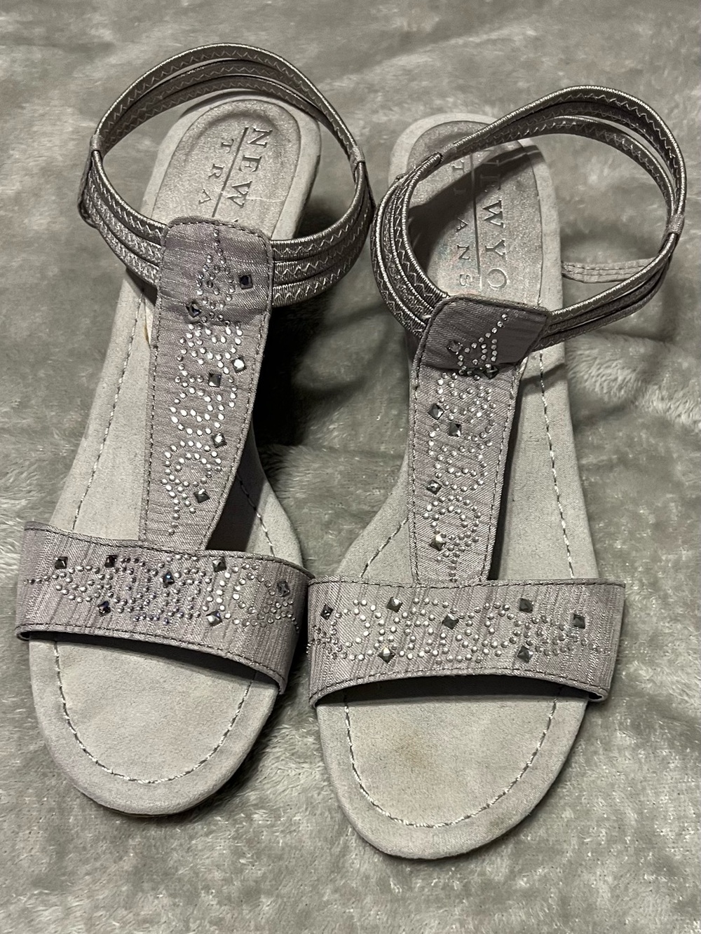 New York Transit Women's Gray Rhinestone T-Strap Sandals